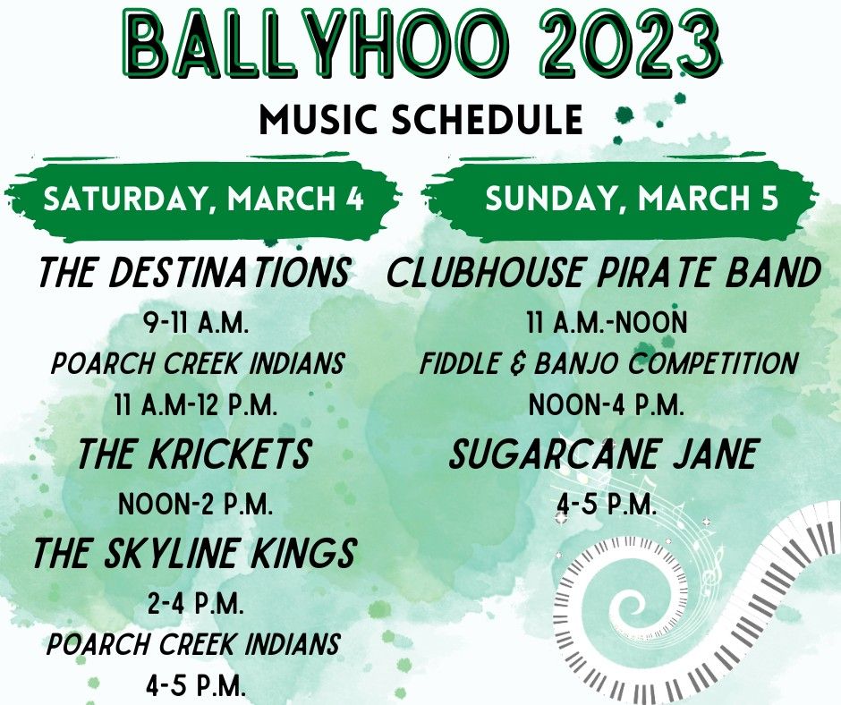 A flyer showing the live music schedule for Ballyhoo Festival 2023.