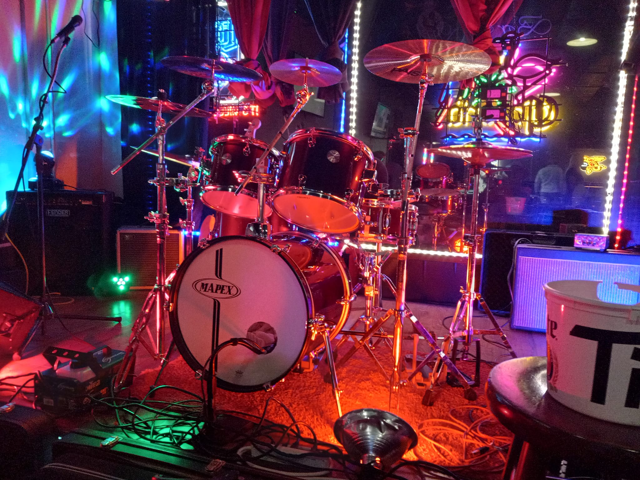 My Mapex Voyager drum kit set up at a local venue