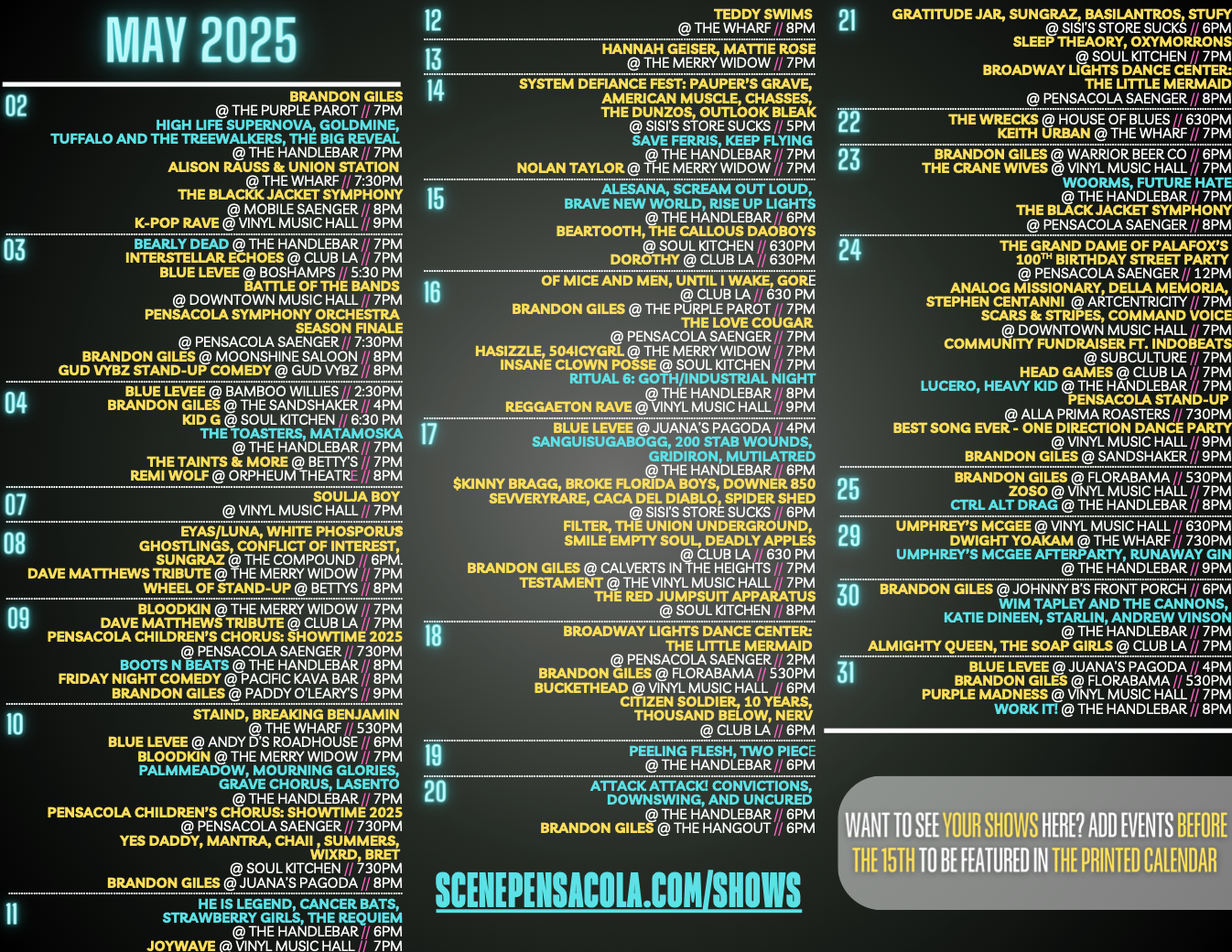 May 2025 show list.